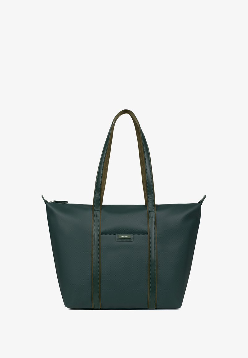 Sac fourre-tout synthétique vert avec surface texturée, anses doubles, fermeture éclair et poche avant. Design robuste pour un usage quotidien.