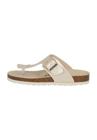 Beige flip-flop sandal with a cork sole, featuring a single wide strap and a metallic buckle accent. Smooth material with a textured footbed.