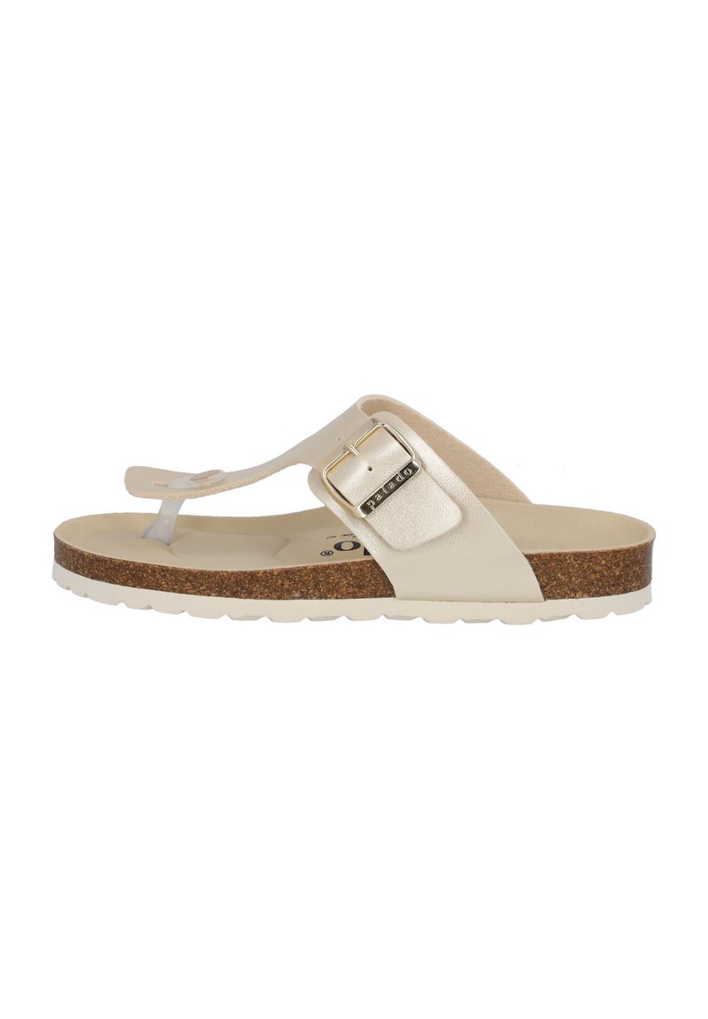 Beige flip-flop sandal with a cork sole, featuring a single wide strap and a metallic buckle accent. Smooth material with a textured footbed.