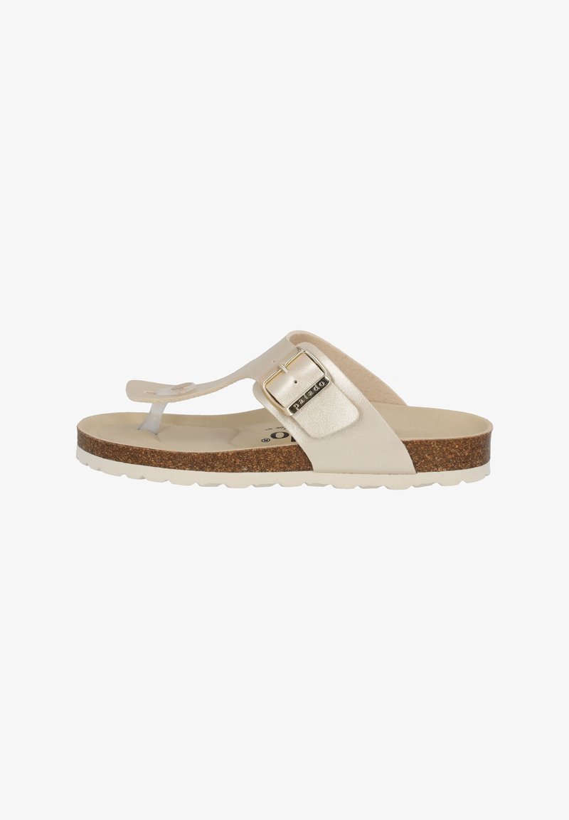 Beige flip-flop sandal with a cork sole, featuring a single wide strap and a metallic buckle accent. Smooth material with a textured footbed.