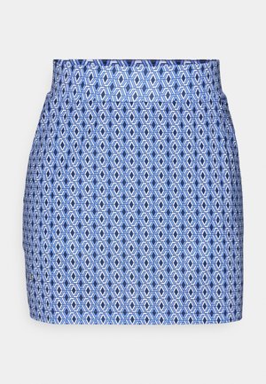 Blue patterned skirt featuring a geometric design with hexagon shapes. Smooth fabric with a fitted waist, no visible hardware or accents.