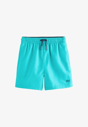 Turkise badeshorts med elastisk talje og navy snøre. Har en logo på nederste højre side og en glat, let tekstur.