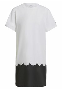 Robe à manches courtes avec moitié supérieure blanche, moitié inférieure noire et bord festonné là où les couleurs se rencontrent, présentée sur fond uni.