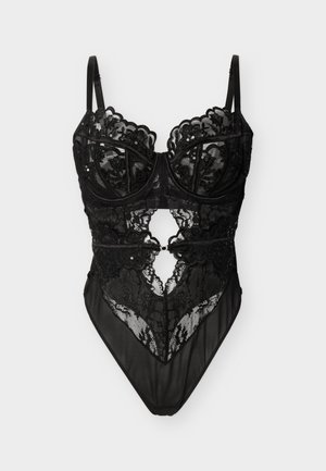 Body en dentelle noire avec motifs floraux, bonnets à armatures, bretelles réglables et une découpe frontale avec détail de fermeture à crochet.