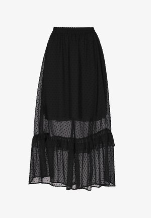 Zwarte mesh midi-rok met een gelaagde ruffle zoom, voorzien van een stippenstructuur en een elastische tailleband voor een verstelbare pasvorm.