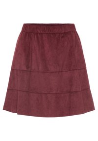 Jupe patineuse couleur bordeaux en tissu doux et texturé, dotée d'une taille élastique et d'un design à couches.