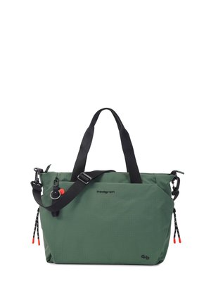 Groene Hedgren draagtas met zwarte schouder- en handriemen, ritssluiting hoofdvak en kleine rode accenten op de ritslipjes.