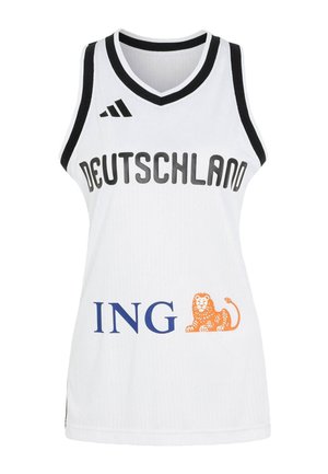 Biała sportowa koszulka bez rękawów z czarnym obramowaniem, napisem "DEUTSCHLAND", logo Adidas oraz logo sponsora ING z pomarańczowym lwem.