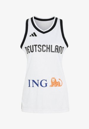 Hvid ærmeløs sportstrøje med sort kant, "DEUTSCHLAND"-bogstaver, Adidas-logo og ING sponsorl ogo med en orange løve.