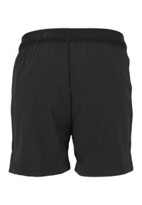 Zwarte sportshorts met een elastische tailleband, gemaakt van gladde stof. Heeft een vlakke zoom en minimale stikdetails aan de randen.