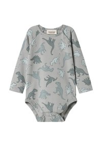 Sivi dugih rukava bodi za bebe s razigranim uzorkom dinosaura u raznim nijansama zelene i plave boje.