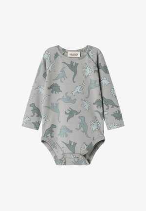 Sivý detský bodysuit s dlhým rukávom, ktorý zobrazuje hravý vzor dinosaurov v rôznych odtieňoch zelenej a modrej.