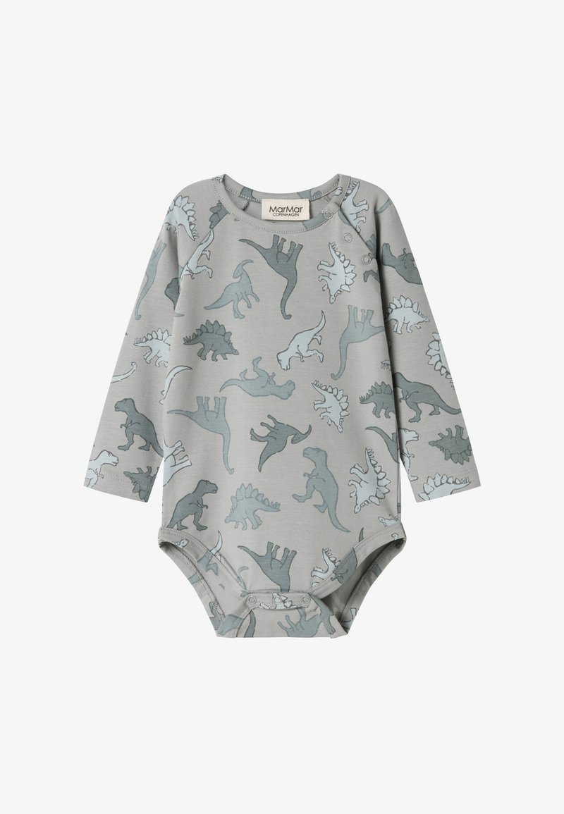 Grå langermet babybody med et lekent dinosaurmønster i varierende nyanser av grønn og blå.