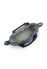 Blue patterned handbag with two handles, zip closure, and a light gray interior. Features textured fabric and silver hardware accents.