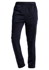 Pantaloni da jogging blu navy realizzati in un tessuto liscio, con vita elastica e gambe affusolate. Nessun motivo visibile o accessori in metallo.