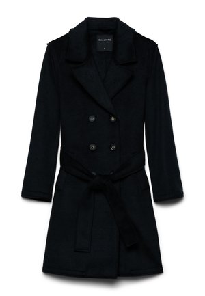 Manteau noir en laine croisé avec grand col, manches longues et ceinture nouée à la taille. Comprend des poches avant et des accents de boutons.