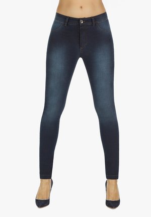 Obcisłe dżinsy z ciemnego denimu o gładkiej strukturze, z talią średniego wzrostu oraz klasycznym zamkiem błyskawicznym i guzikiem.