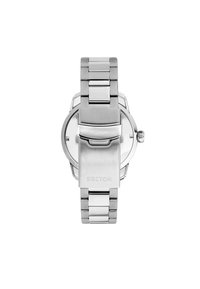 Orologio in acciaio inossidabile con finitura spazzolata, cassa rotonda e bracciale segmentato. Presenta una chiusura a fermaglio e il logo 'SECTOR' inciso.