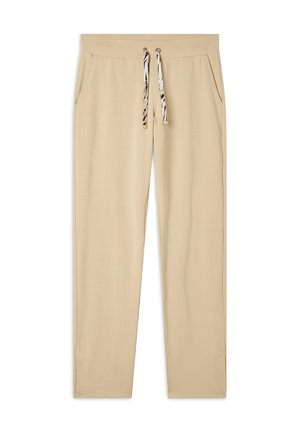 Pantaloni jogger beige realizzati in morbido tessuto, con vita regolabile tramite cordino e dettagli in stampa animalier, e tasche laterali per maggiore comodità.