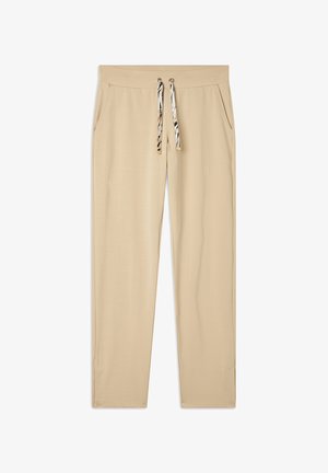 Pantaloni jogger beige realizzati in morbido tessuto, con vita regolabile tramite cordino e dettagli in stampa animalier, e tasche laterali per maggiore comodità.