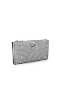 Gray leather wallet with quilted pattern and pink speckles, featuring a silver zip closure and logo accent on the front.