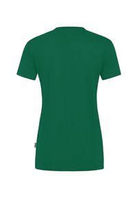 T-shirt in cotone verde con scollo rotondo e maniche corte, caratterizzato da una texture liscia e un taglio dritto sul fondo.