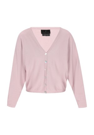 Light pink, cropped cardigan with a V-neck, long sleeves, and six large buttons down the front. Soft texture with a subtle sheen.