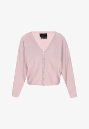Light pink, cropped cardigan with a V-neck, long sleeves, and six large buttons down the front. Soft texture with a subtle sheen.