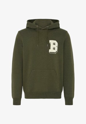Olivovo zelená mikina s kapucňou vyrobená z bavlny, so prednou klokankou a vyšitým bielym písmom "B" na hrudi. Textúrovaná tkanina.