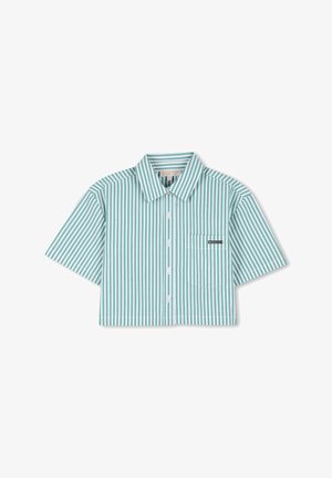 Groen-wit verticaal gestreept cropped shirt met korte mouwen, een kraag, knopen aan de voorkant en een borstzakje met een klein zwart label.