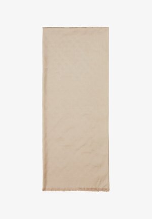 Écharpe beige en tissu doux, de forme rectangulaire, avec une frange délicate le long des bords et de subtils détails texturés sur l'ensemble.