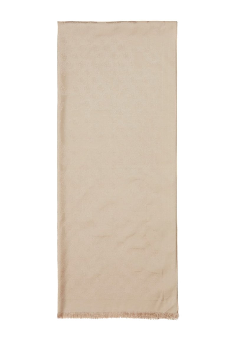 Sciarpa beige realizzata in morbido tessuto, di forma rettangolare, con una delicata frangia lungo i bordi e un sottile dettaglio testurizzato su tutta la superficie.