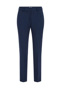 Pantalones de vestir de sarga azul marino, con presillas para cinturón, corte slim fit y pernera recta.