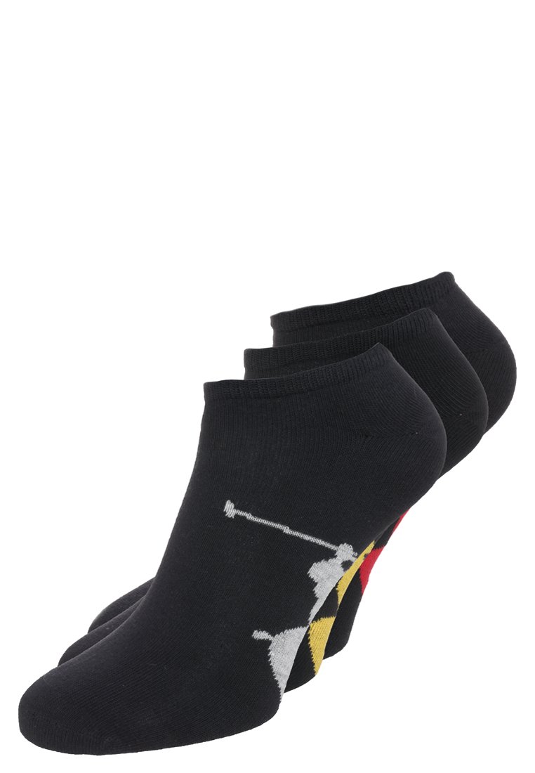 Meias de tornozelo pretas com um gráfico de atleta branco e detalhes coloridos em vermelho, amarelo e preto no calcanhar. Tecido macio e elástico.