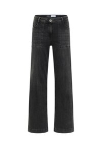 Jeans in denim neri a gamba larga con vita alta, dotati di due tasche anteriori e un'unica chiusura con bottone frontale. Leggera texture sbiadita su tutta la superficie.