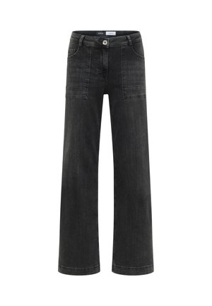 Brede zwarte denim jeans met een hoge taille, voorzien van twee zijzakken en een enkele sluitknop aan de voorkant. Subtiele vervaagde textuur overal.