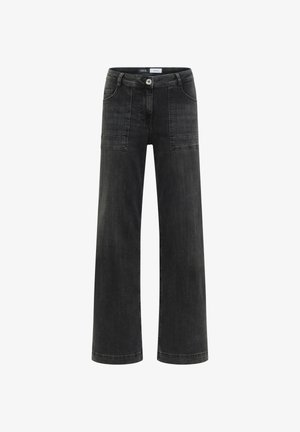 Szerokie czarne dżinsy z wysokim stanem, z dwoma przednimi kieszeniami i pojedynczym zapięciem na guzik z przodu. Delikatna, wyblakła tekstura na całej powierzchni.