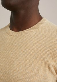 Pulover texturat de culoare galben deschis, cu guler rotund, având un decolteu împletit, material tricotat neted și un subtil model heather.