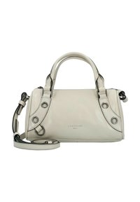 Borsa a mano in pelle grigia chiara con manici arrotondati, una tracolla removibile, dettagli circolari e marchio impresso sul frontale.