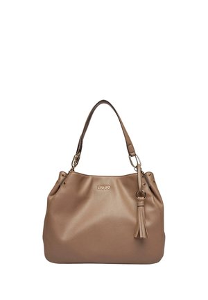 Brun læder Liu Jo håndtaske med enkelt skulderrem og dekorativ kvast, der hænger fra metalring.
