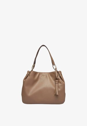 Bolso de mano Liu Jo de cuero marrón con una sola correa para el hombro y un adorno con borla decorativa colgando de un anillo de metal.