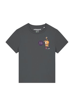 Graues T-Shirt mit kurzen Ärmeln, das eine Cartoonzeichnung einer Katze zeigt, mit einer Sprechblase, die sagt: "Houston, wir haben ein Problem." Weicher Stoff.