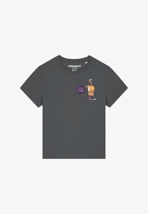 Graues T-Shirt mit kurzen Ärmeln, das eine Cartoonzeichnung einer Katze zeigt, mit einer Sprechblase, die sagt: "Houston, wir haben ein Problem." Weicher Stoff.