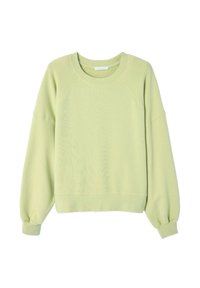 Gaiši zaļš džemperis, izgatavots no mīksta auduma ar raglanu piedurknēm, apaļu kakla izgriezumu un elastīgiem aproces galiem. Iezīmē brīvu piegriezumu un minimālu noformējumu.