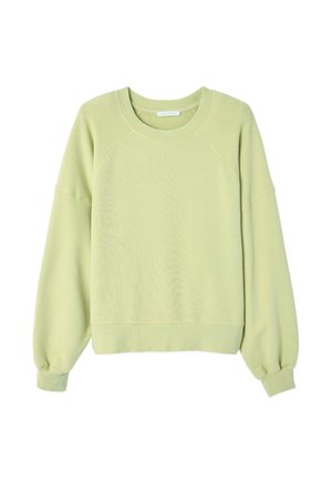 Felpa verde chiaro realizzata in morbido tessuto, con maniche raglan, colletto a girocollo e polsini elasticizzati. Presenta una vestibilità rilassata e dettagli minimi.