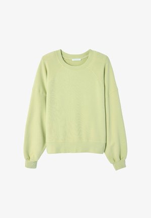 Svetlozelená mikina vyrobená z mäkkého materiálu s raglánovými rukávmi, okrúhlym výstrihom a elastickými manžetami. Obsahuje voľný strih a minimálne detaily.