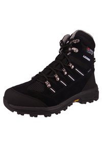 Czarne buty trekkingowe z zamszową i materiałową cholewką, sznurowaniem, wytrzymałą podeszwą oraz srebrnymi oczkami. Podeszwa Vibram zapewniająca lepszą przyczepność.