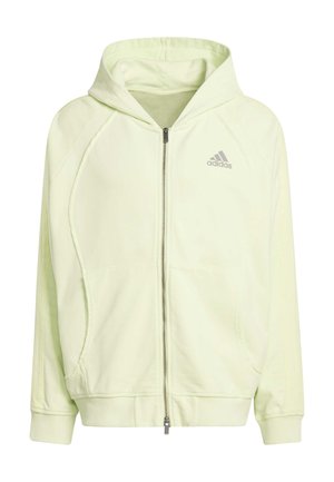Hellgrüner Hoodie mit Reißverschluss aus weichem Baumwollmischgewebe, mit Kapuze, Fronttaschen und grauem Adidas-Logo auf der oberen linken Seite.