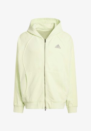 Hellgrüner Hoodie mit Reißverschluss aus weichem Baumwollmischgewebe, mit Kapuze, Fronttaschen und grauem Adidas-Logo auf der oberen linken Seite.