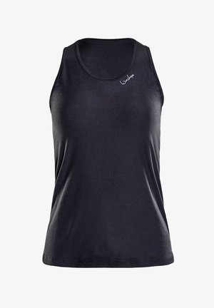 Czarny top na ramiączkach wykonany z gładkiego materiału. Posiada okrągły dekolt i szerokie otwory na ramiona. Zawiera małe logo z przodu po lewej stronie.